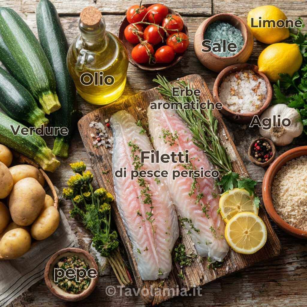 Ricette Pesce Persico: Idee Semplici e Gustose per Ogni Occasione 2 Ingredienti freschi per ricette pesce persico con filetti, verdure, limone e aromi