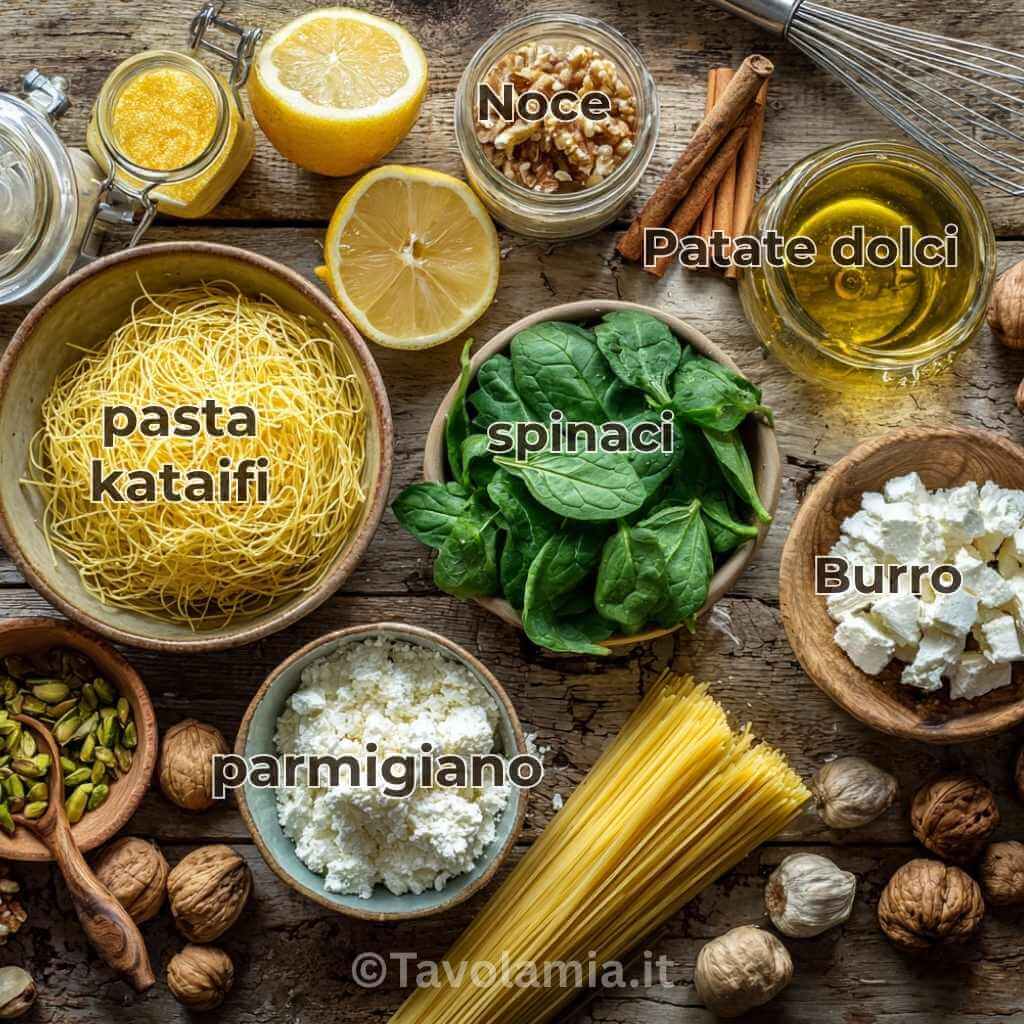 Pasta Kataifi: Cos’è, Come Usarla e Tante Ricette da Provare 3 Ingredienti per ricetta di pasta kataifi: fili di kataifi, spinaci, feta, ricotta, noci, miele e burro