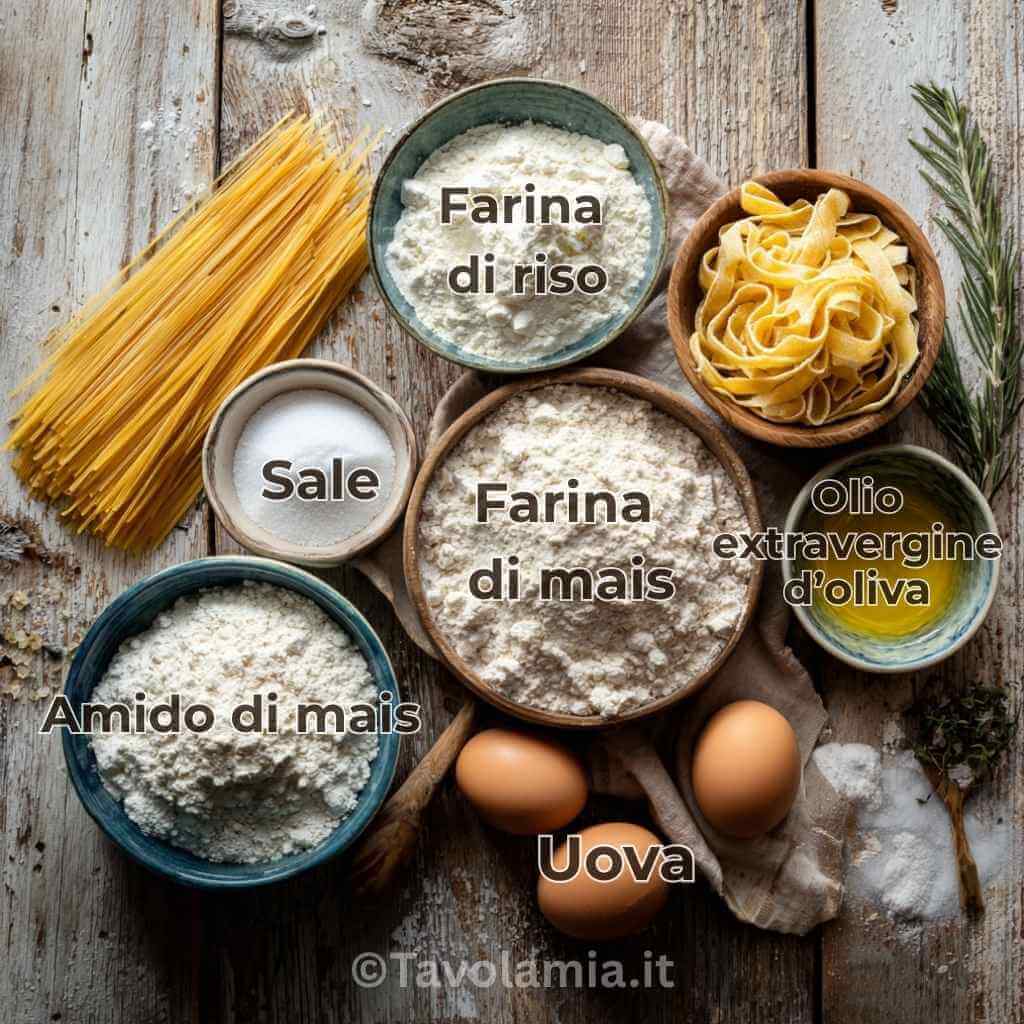 Pasta Senza Glutine: Ricetta Perfetta e Segreti per un Impasto Elastico 3 Ingredienti freschi per pasta senza glutine: farina di riso, fecola, farina di mais, uova e gomma di xantano