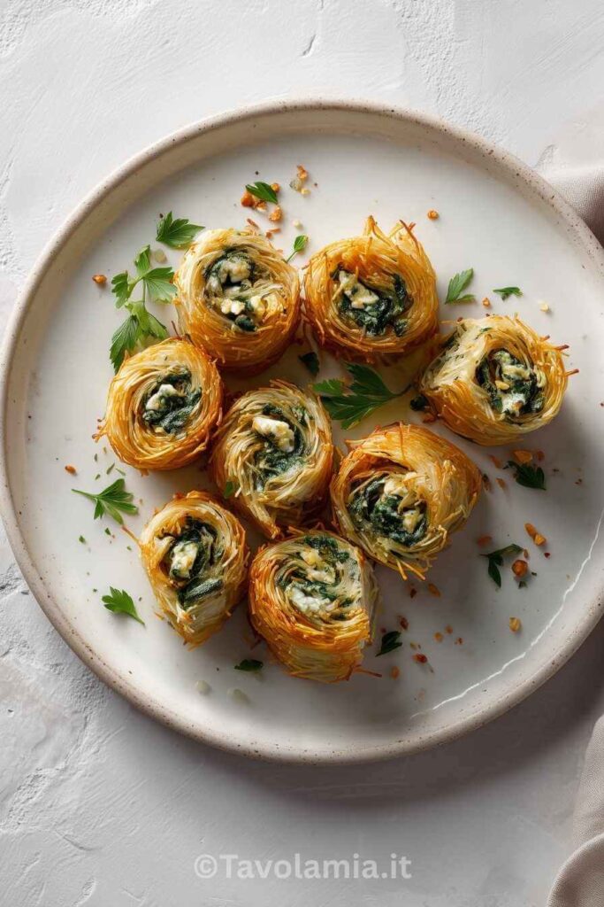 Pasta Kataifi: Cos’è, Come Usarla e Tante Ricette da Provare 1 Involtini di pasta kataifi croccanti con formaggio e spinaci