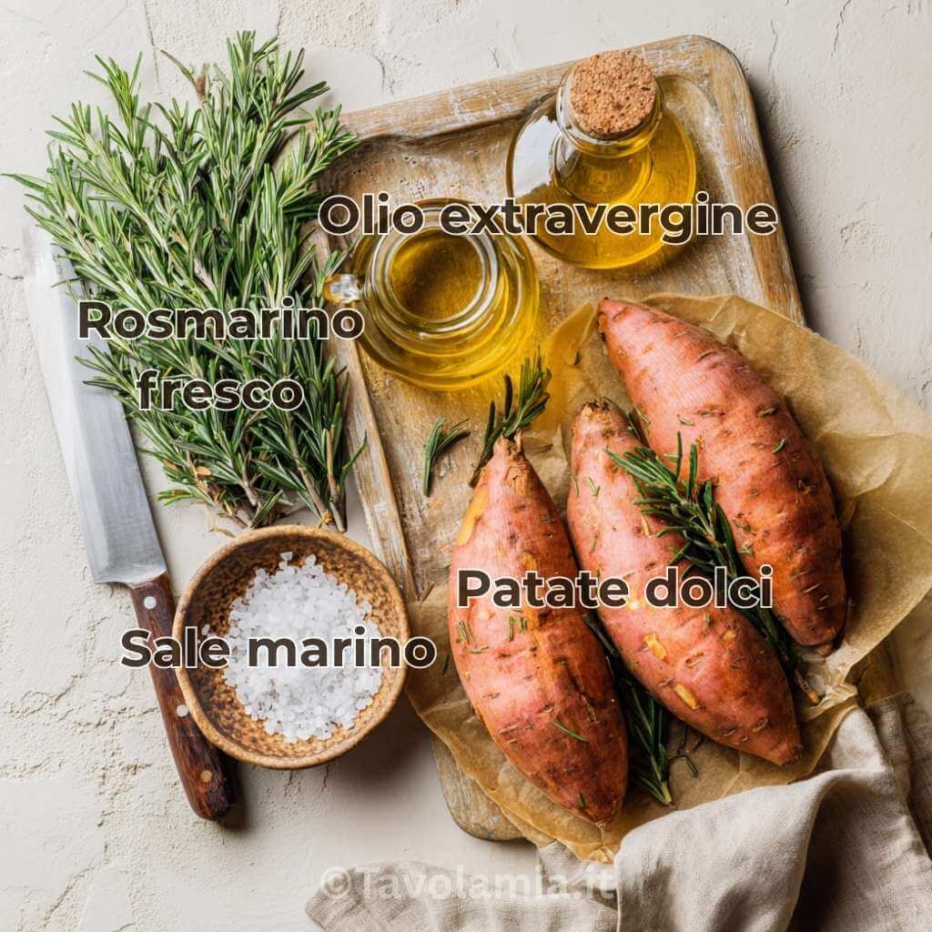 Patate dolci al forno: ricetta sana e gustosa 3 Ingredienti patate dolci al forno: patate dolci, rosmarino fresco, olio extravergine d’oliva e sale marino
