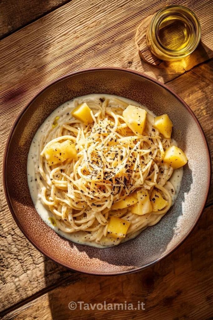 Pasta e Patate con Provola: La Ricetta Tradizionale Italiana 1 Piatto di pasta e patate con provola filante e patate dorate