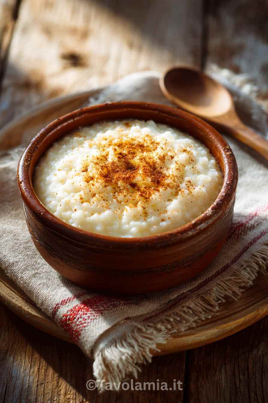 Ricetta Riso al Latte: Il Dolce Cremoso di Casa Mia 2 Ricetta Riso al latte cremoso servito in ciotola rustica