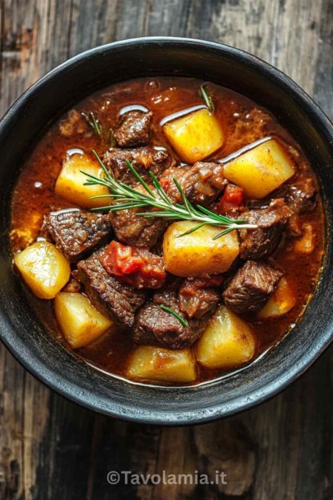 Spezzatino con patate: la ricetta classica per un secondo tenero e saporito 1 Spezzatino con patate servito in ciotola moderna con rosmarino fresco
