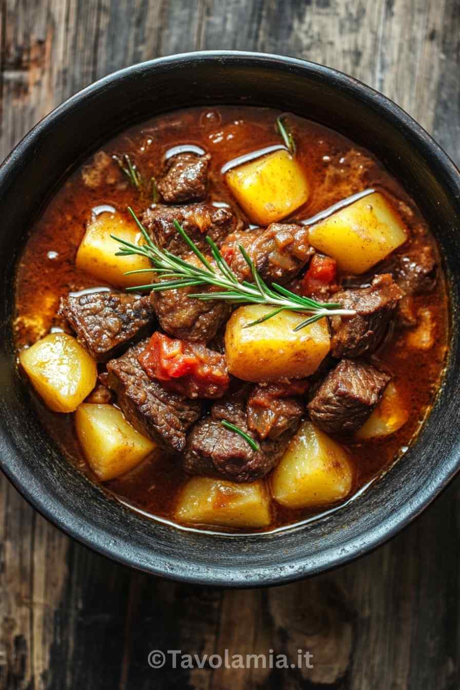 Spezzatino con patate: la ricetta classica per un secondo tenero e saporito 2 Spezzatino con patate servito in ciotola moderna con rosmarino fresco