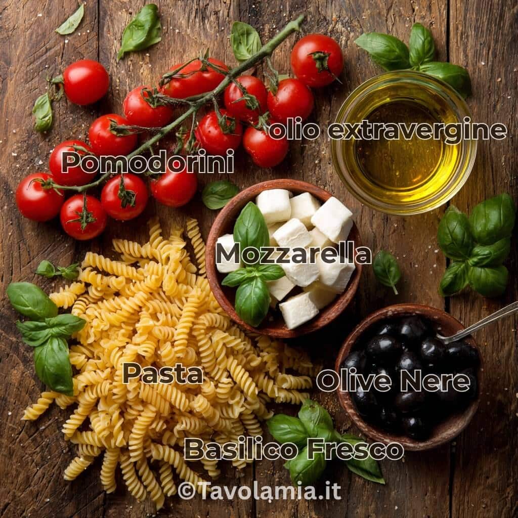 Insalata di pasta fredda sfiziosa: la ricetta estiva perfetta 3 Ingredienti per insalata di pasta fredda sfiziosa: pomodorini, mozzarella, olive nere, pasta fusilli, basilico fresco e olio extravergine