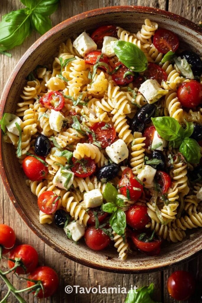 Insalata di pasta fredda sfiziosa: la ricetta estiva perfetta 1 Insalata di pasta fredda sfiziosa con fusilli, pomodorini, mozzarella e basilico in ciotola rustica