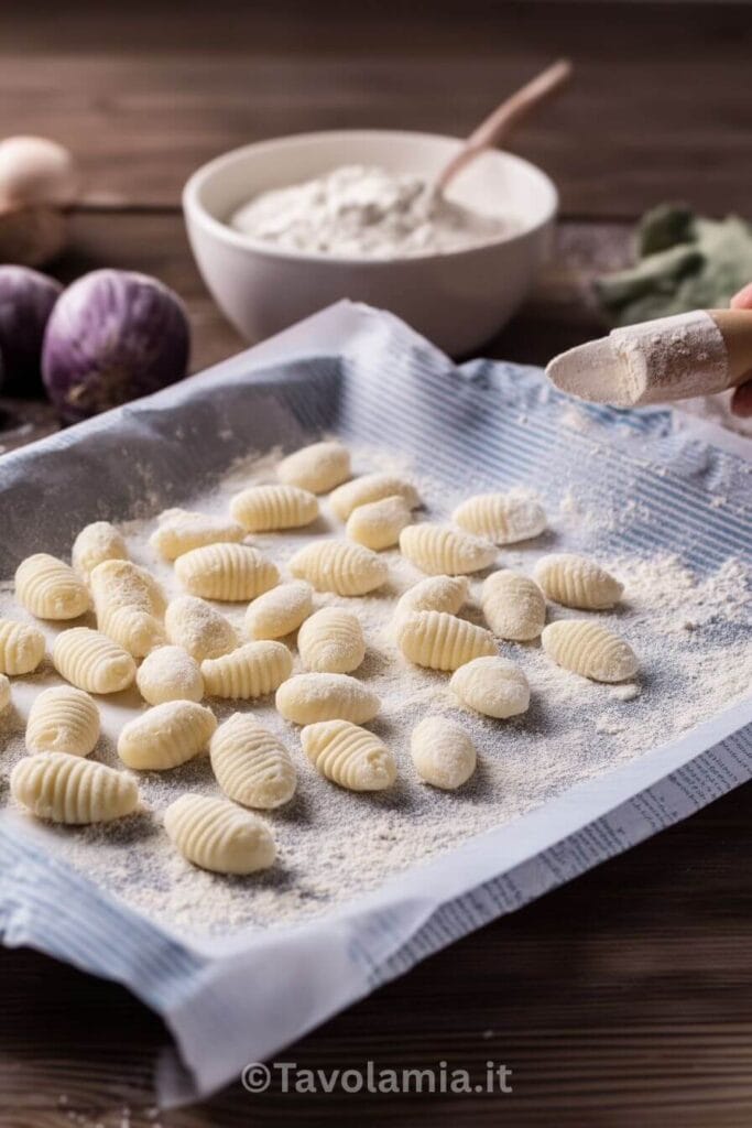 Gnocchi fatti in casa: la ricetta perfetta della tradizione 1 Gnocchi fatti in casa freschi, disposti su vassoio infarinato pronti per la cottura