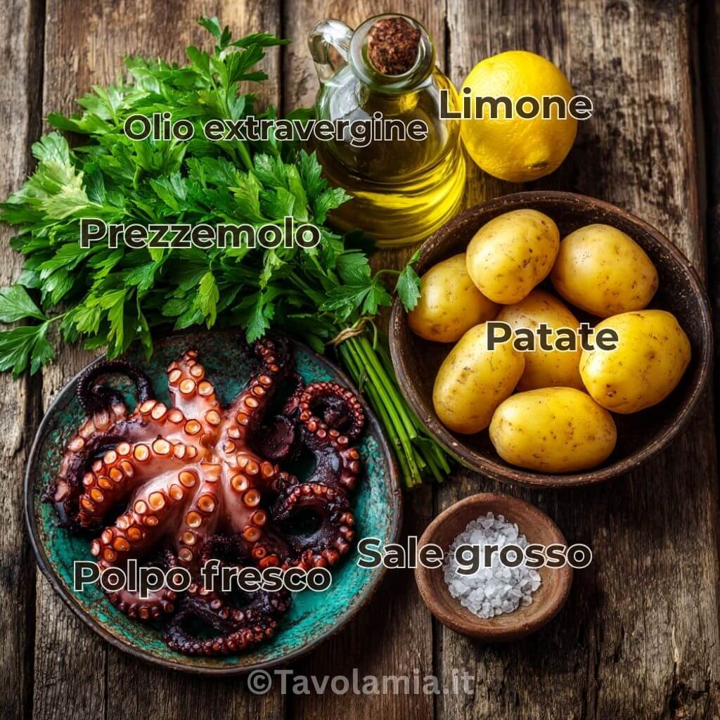 Insalata di polpo e patate: ricetta mediterranea semplice e leggera 3 Ingredienti per insalata di polpo e patate: polpo fresco, patate, limone, prezzemolo, olio extravergine d’oliva e sale grosso su tavolo rustico