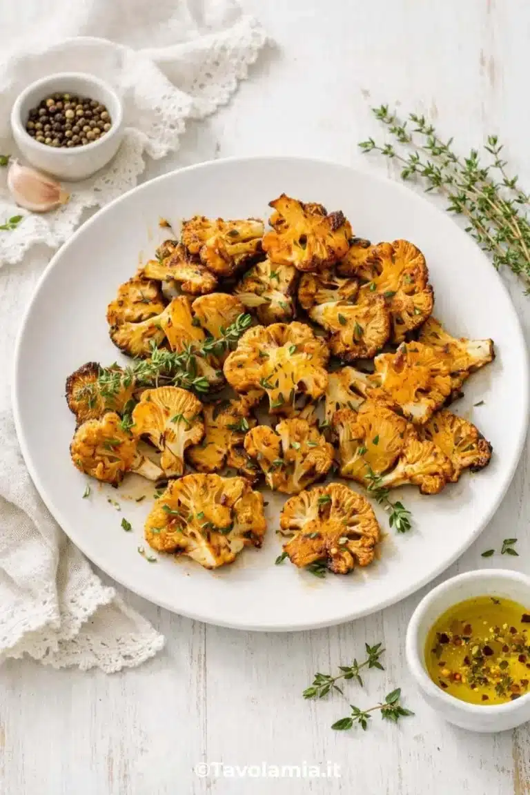 Cavolfiore al forno dorato e croccante, preparato con olio extravergine d’oliva