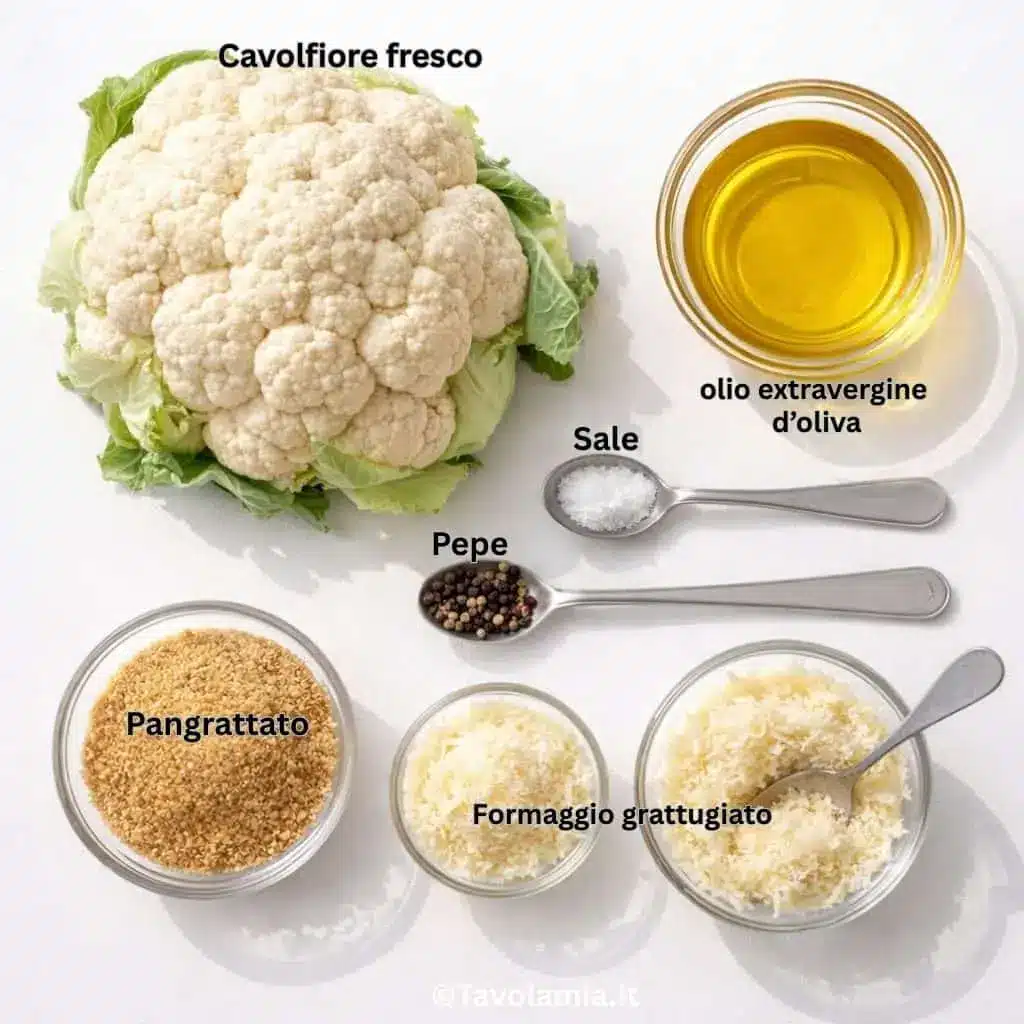 Ingredienti per cavolfiore al forno: cavolfiore fresco, olio extravergine d’oliva, pangrattato e formaggio grattugiato