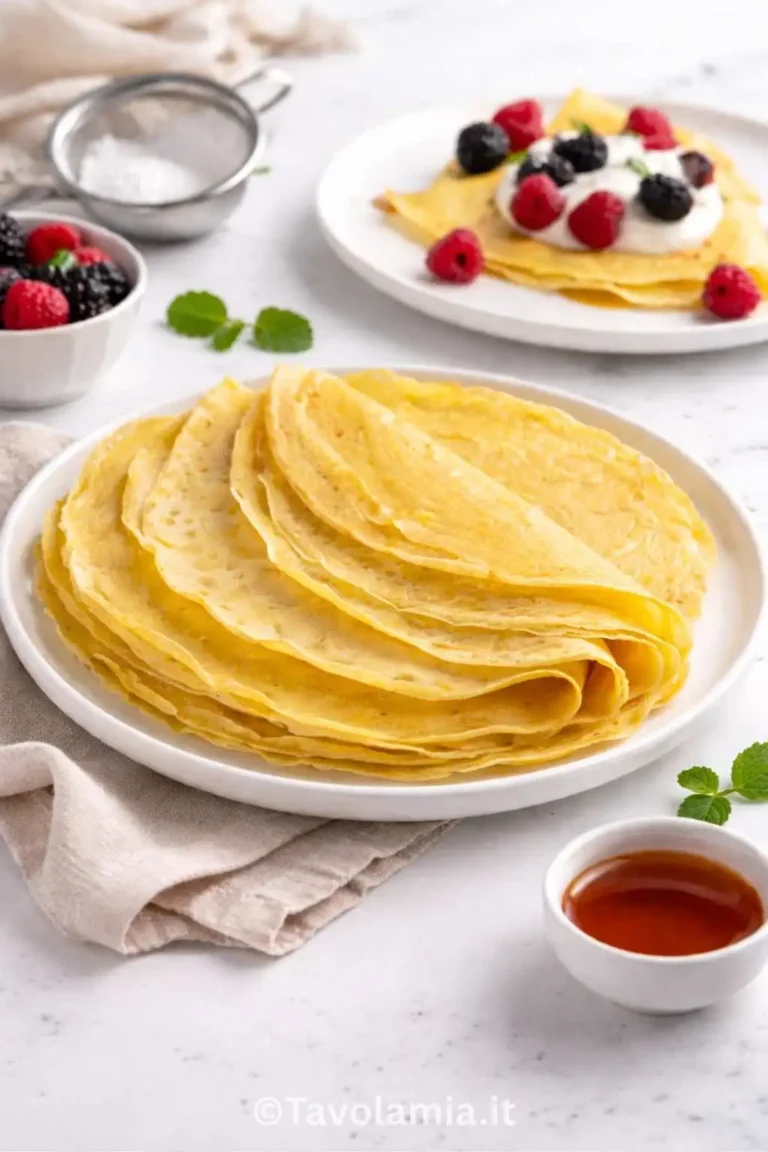 Crepes senza uova morbide e sottili, impilate su un piatto e servite con frutta fresca