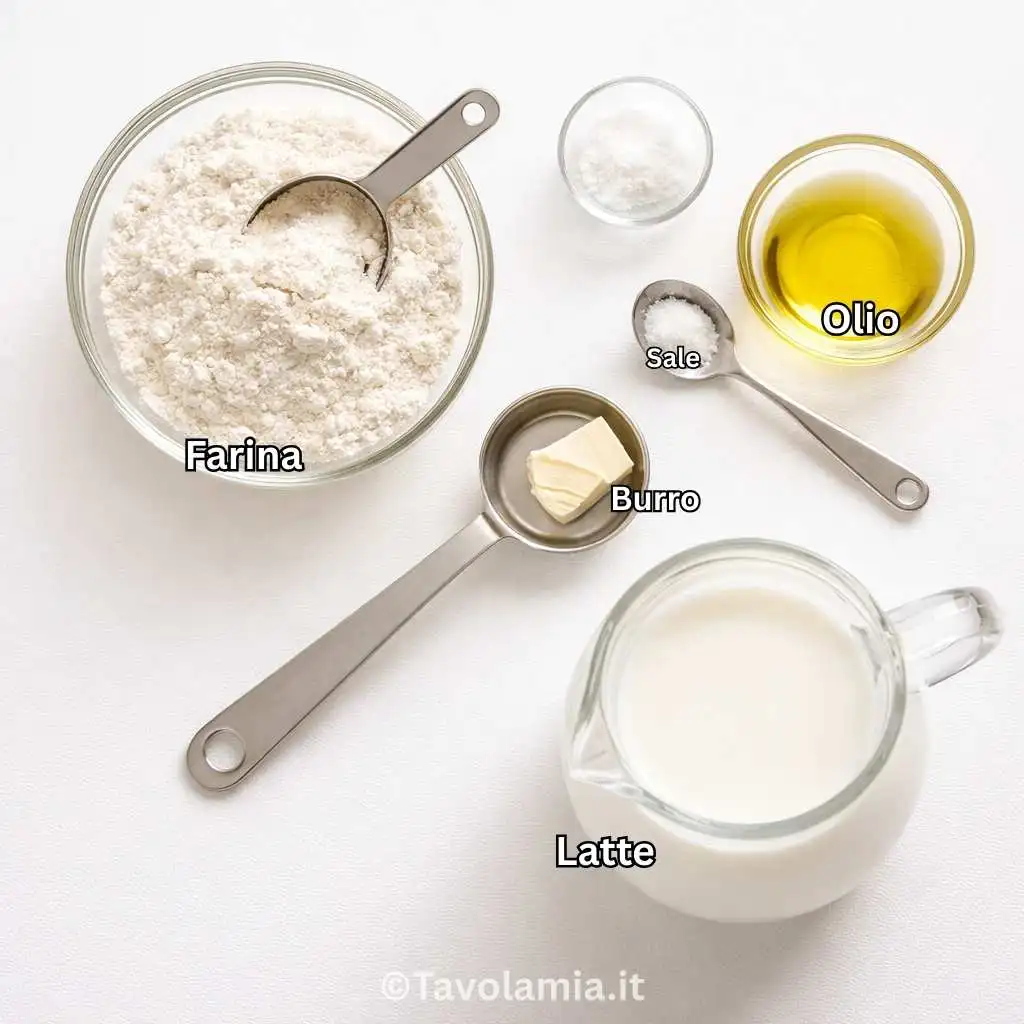 Ingredienti per preparare le crepes senza uova: farina, latte, olio, burro e sale