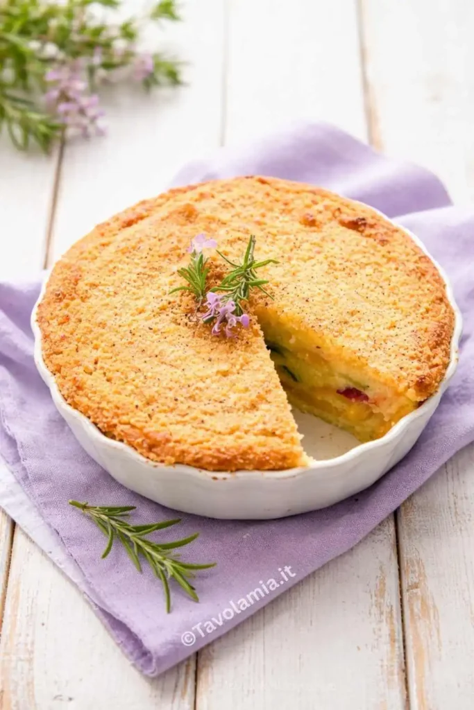 Gateau di patate 1 Gateau di patate cotto al forno con crosta dorata e porzione tagliata, decorato con rametti di rosmarino