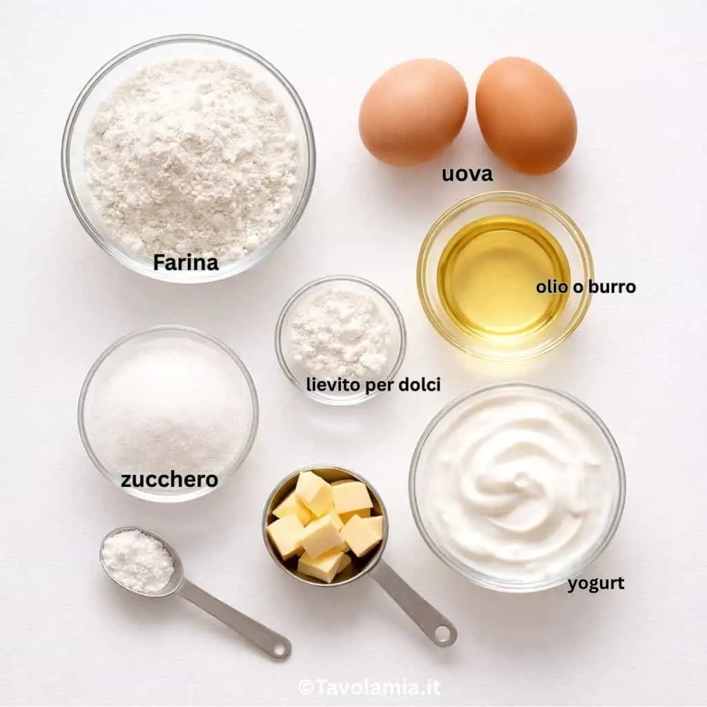 Ingredienti per muffin allo yogurt: farina, uova, zucchero, yogurt, olio e lievito per dolci