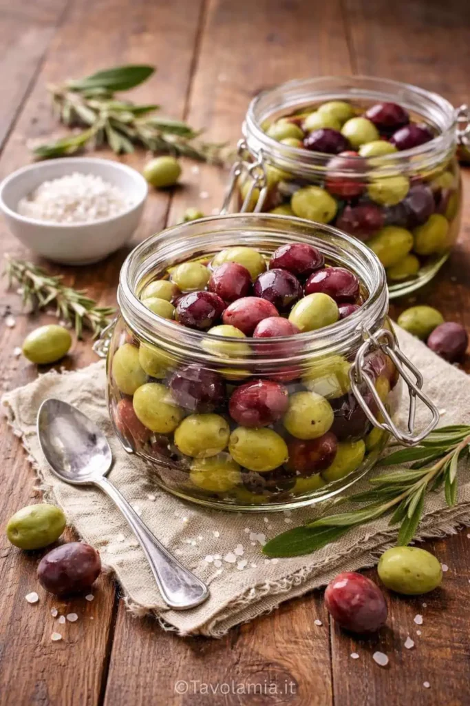 Olive in salamoia 1 Olive verdi e nere in salamoia fatte in casa, conservate in barattoli di vetro.