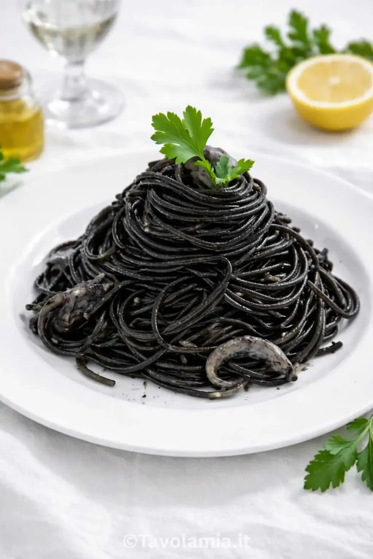 Pasta al nero di seppia con seppie e prezzemolo, servita calda su piatto bianco