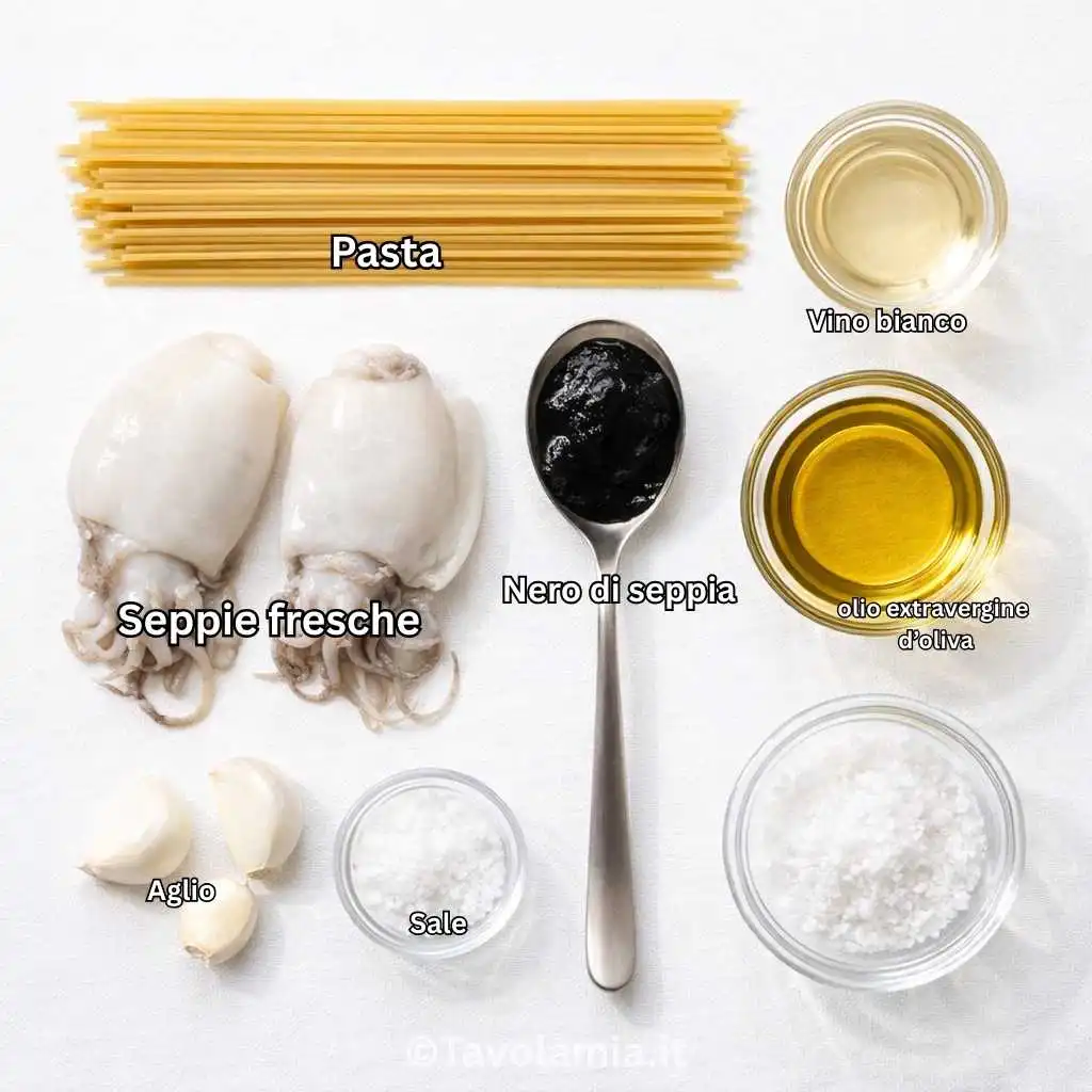Ingredienti per la pasta al nero di seppia: pasta, seppie fresche, nero di seppia, aglio, olio e vino bianco