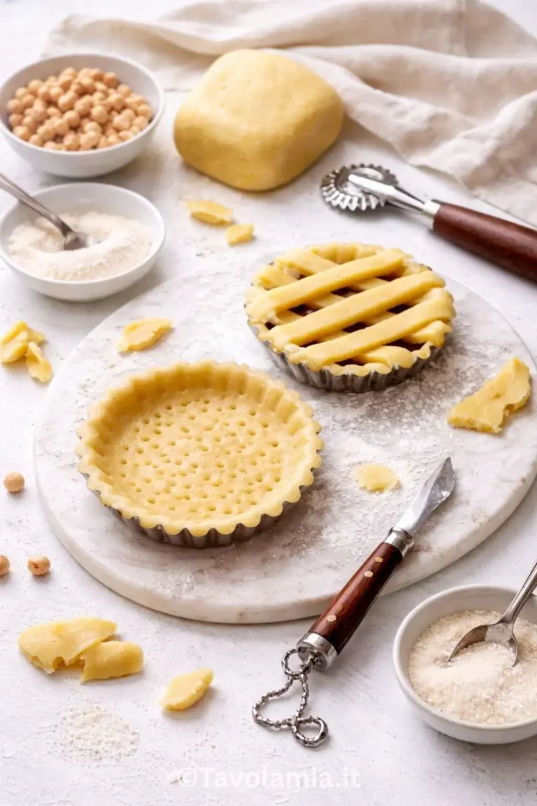 Pasta frolla per crostata fatta in casa, stesa nello stampo con griglia sopra