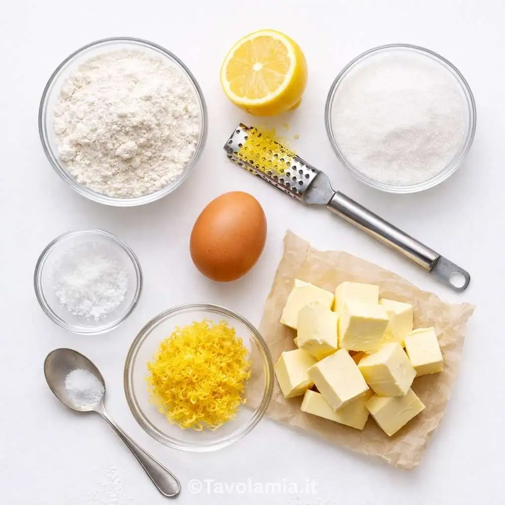 Ingredienti per la pasta frolla per crostata: farina, burro, uovo, zucchero e limone
