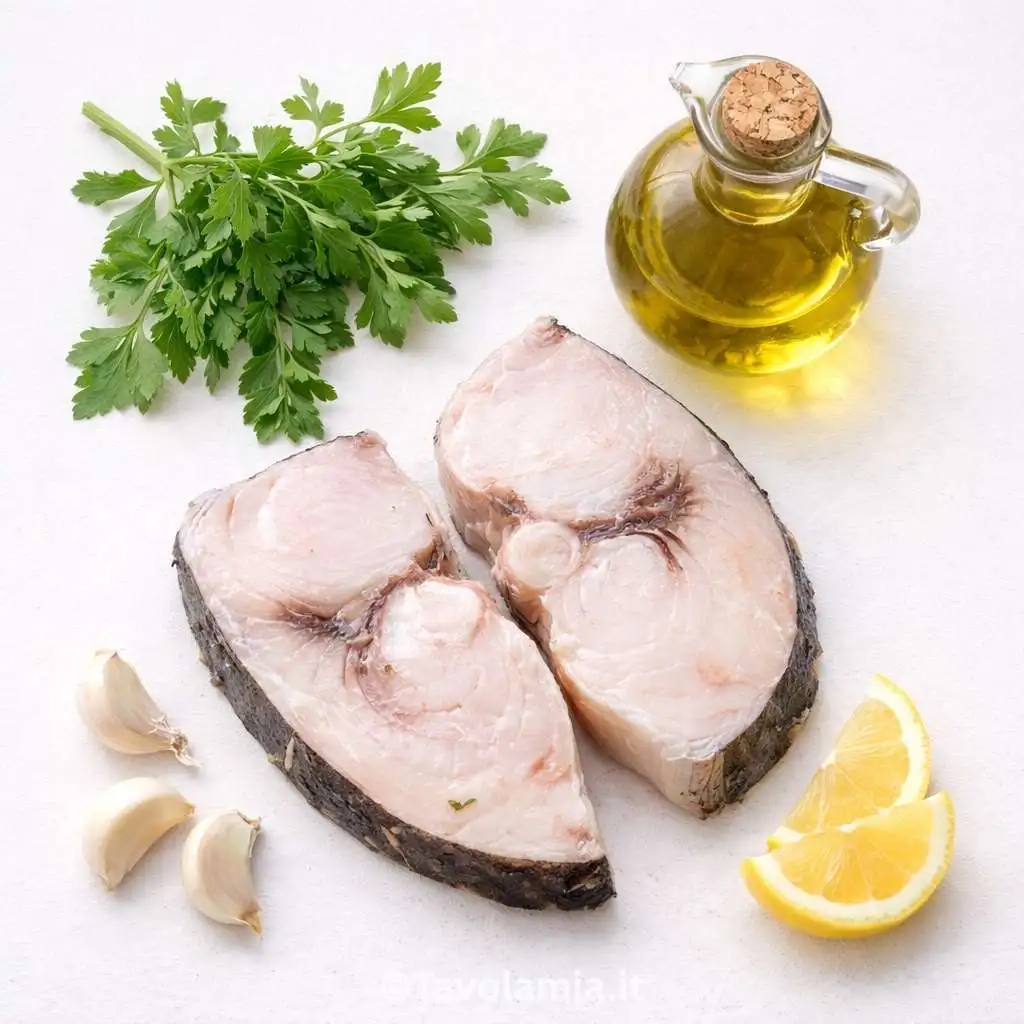 Ingredienti per il pesce spada in padella: fette di pesce spada, olio, aglio, prezzemolo e limone