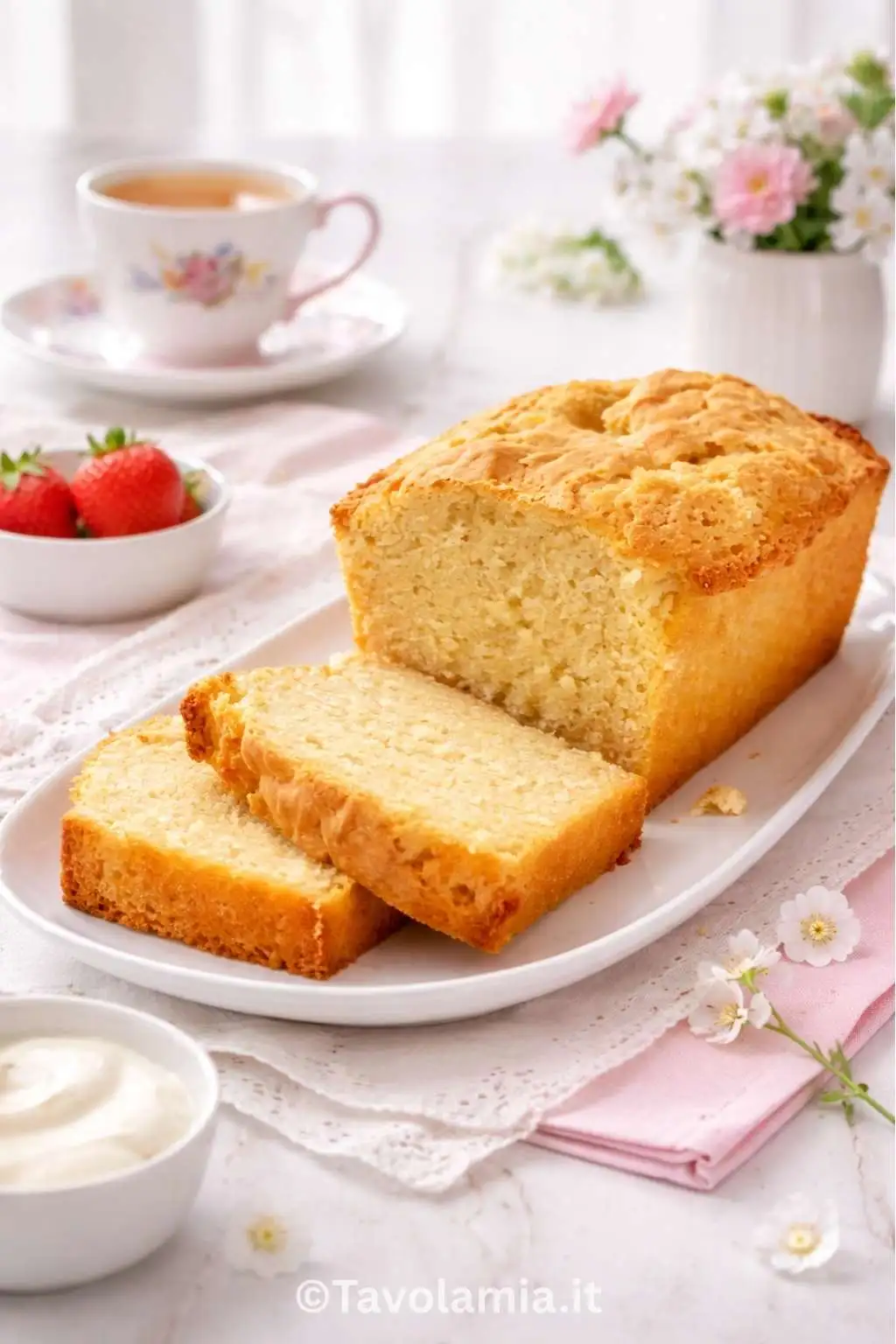 Home 23 Plumcake allo yogurt soffice fatto in casa, tagliato a fette e servito a colazione