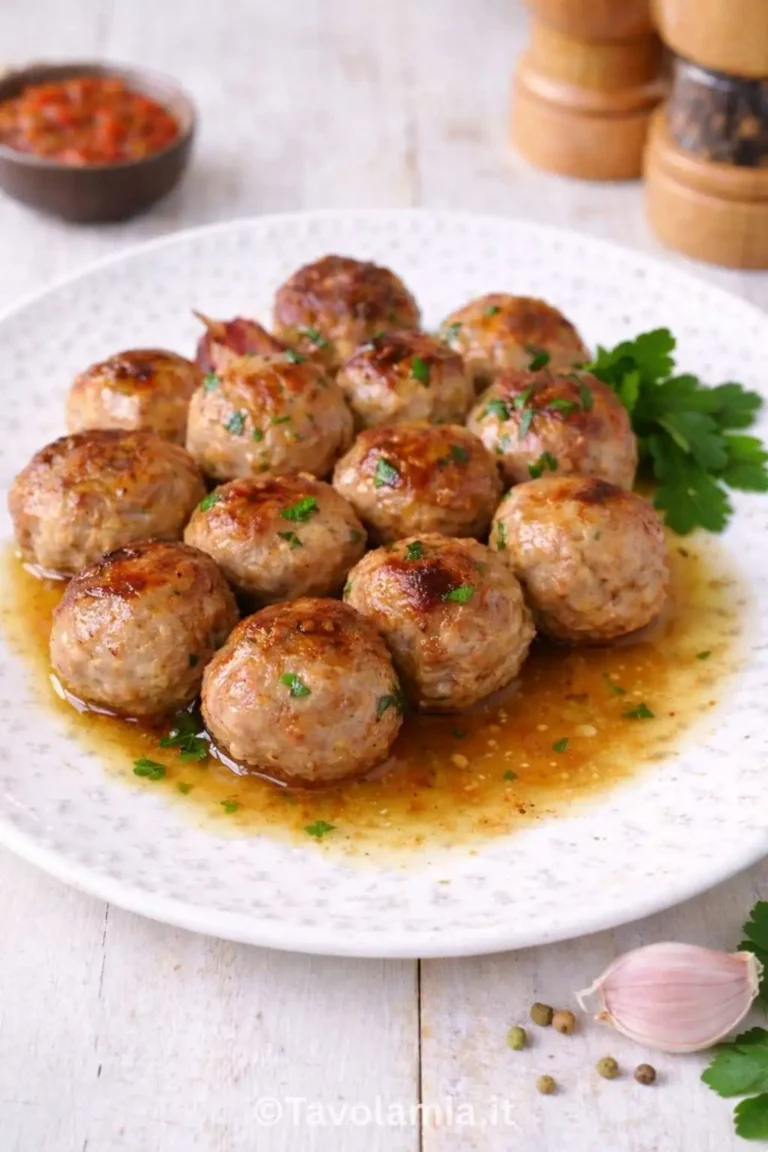 Polpette di carne fatte in casa, dorate e morbide, servite con il loro fondo di cottura