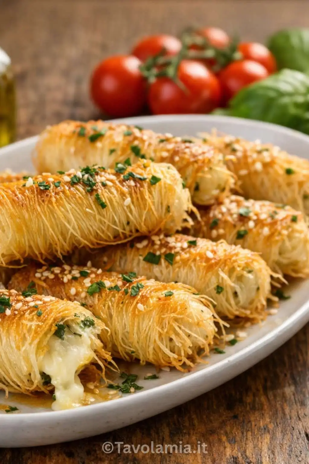 Home 3 Ricette con pasta kataifi: involtini croccanti al forno con ripieno salato, serviti su piatto bianco