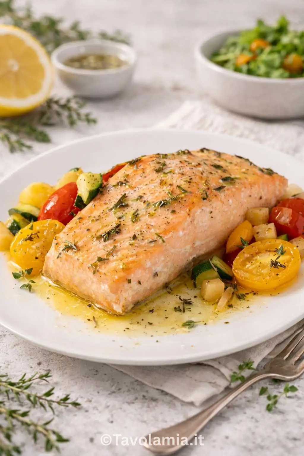 Home 2 Salmone al forno appena cotto, servito con verdure di stagione