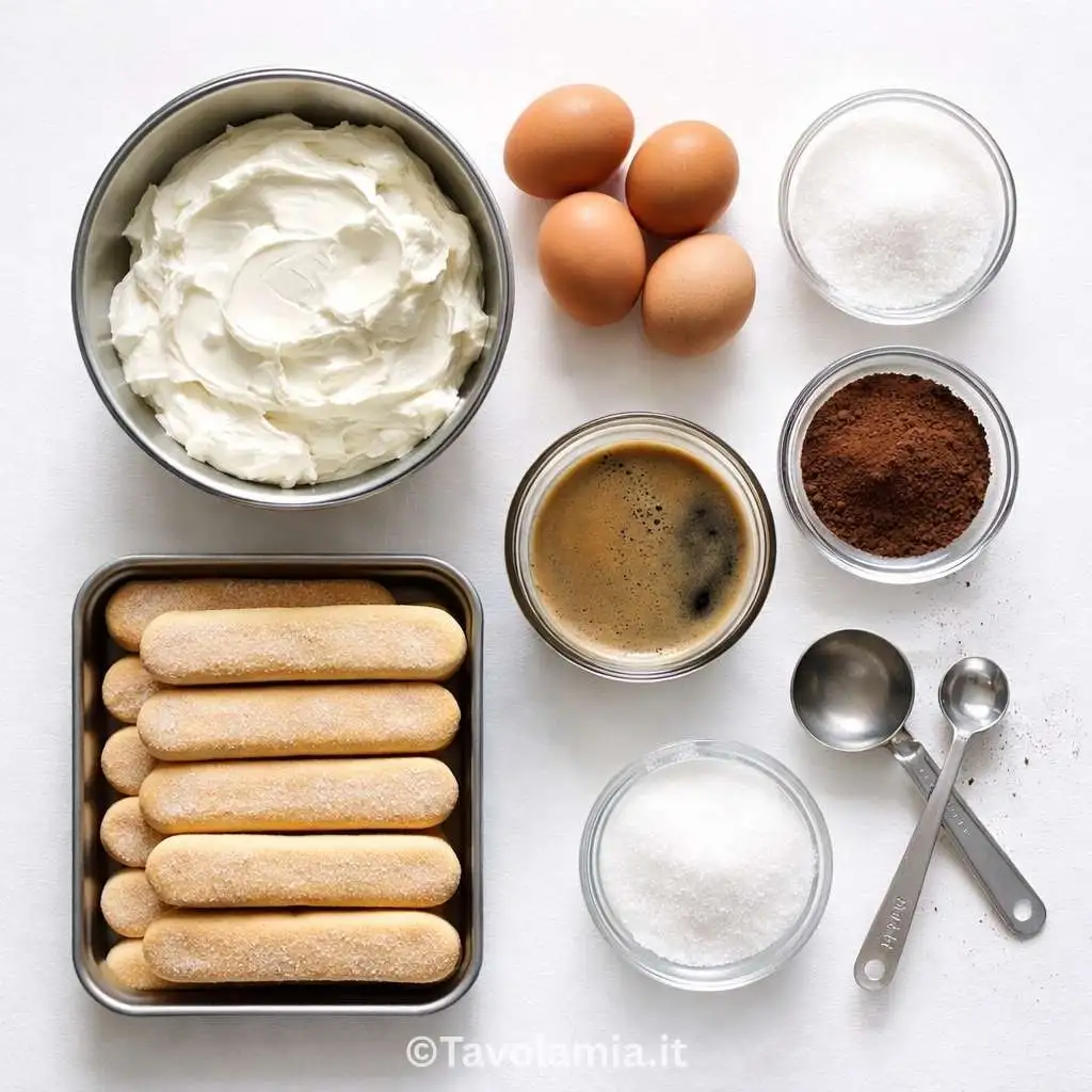 Ingredienti per tiramisù ricetta: mascarpone, uova, savoiardi, caffè e cacao