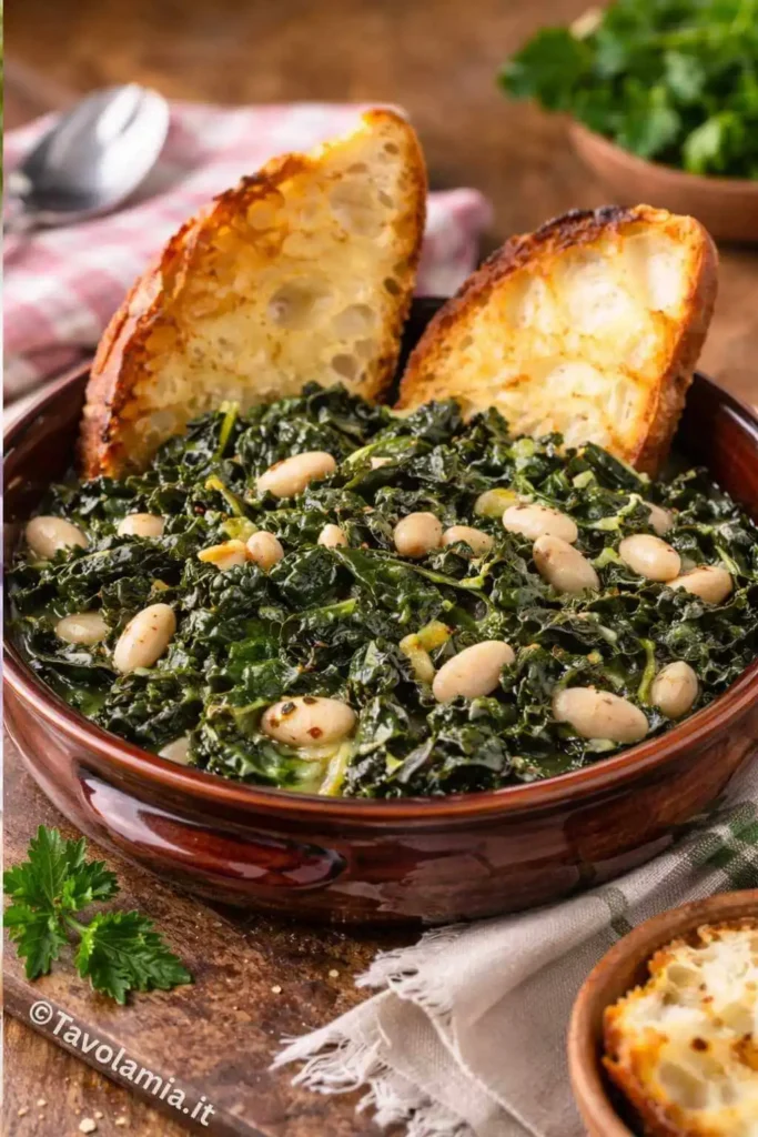 Zuppa cavolo nero 1 Zuppa di cavolo nero servita in ciotola di terracotta con fagioli cannellini e crostoni di pane rustico.