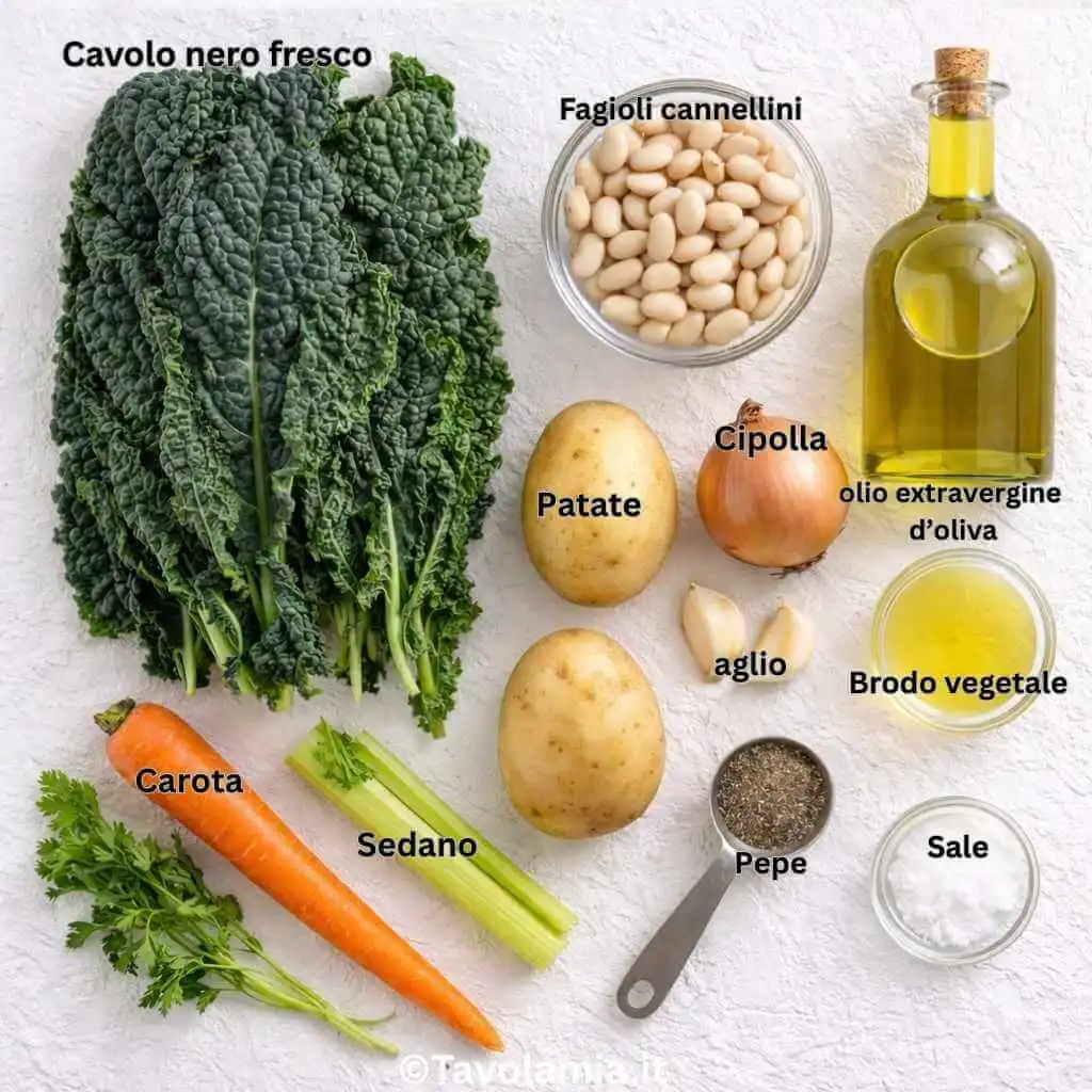 Zuppa cavolo nero 2 Ingredienti freschi per la zuppa di cavolo nero: cavolo nero, fagioli cannellini, patate, carota, sedano, cipolla, aglio, olio extravergine d’oliva, brodo vegetale, sale e pepe.