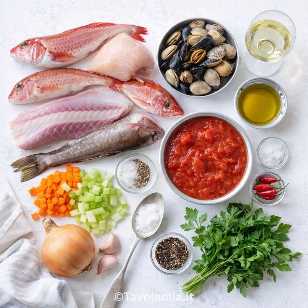 Zuppa di pesce 2 Ingredienti freschi per la zuppa di pesce: pesce misto, cozze, vongole, pomodoro e verdure