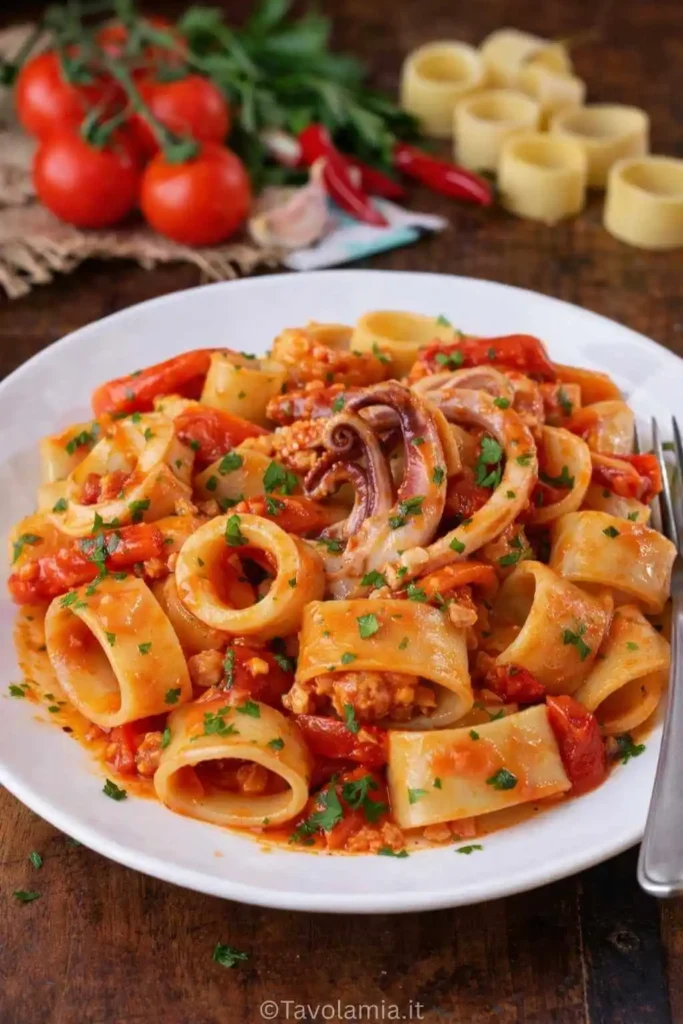 Calamarata con calamari e sugo di pomodoro