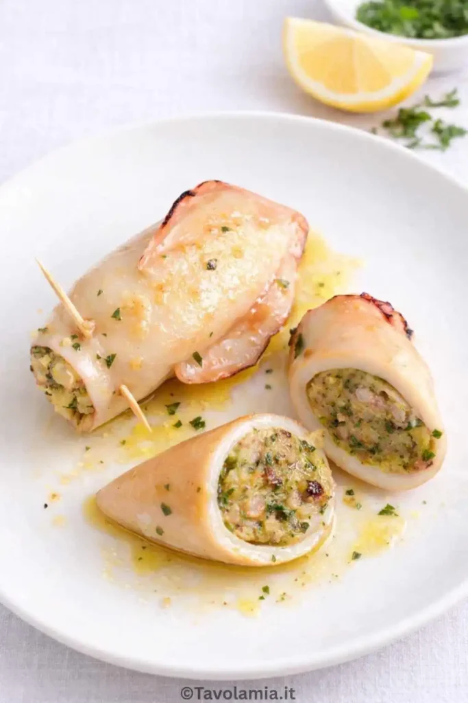 Calamari ripieni 1 Calamari ripieni cotti e serviti su un piatto bianco con olio e prezzemolo