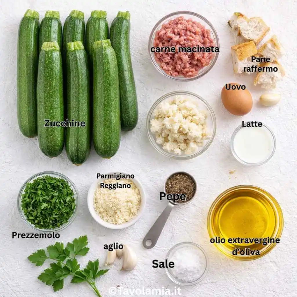 Ingredienti per zucchine ripiene: zucchine fresche, carne macinata, pane raffermo, uovo, latte, Parmigiano Reggiano, aglio, prezzemolo, sale, pepe e olio extravergine d’oliva.