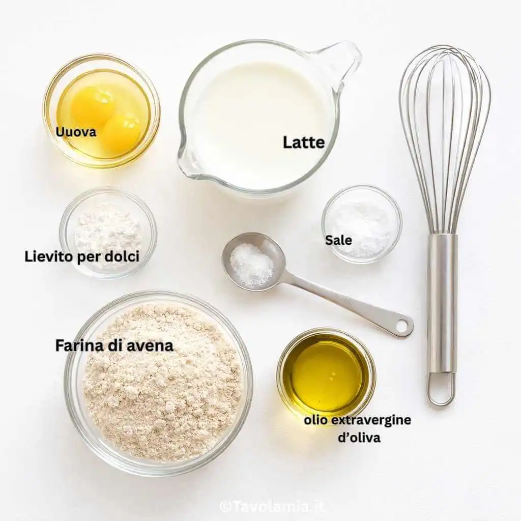 Ingredienti base per preparare pancake con farina di avena: uova, latte, olio, lievito, sale