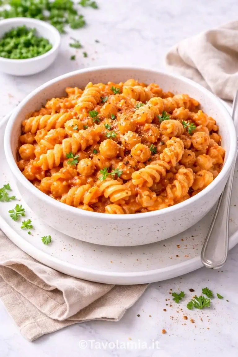 Pasta e ceci cremosa fatta in casa, servita calda con rosmarino