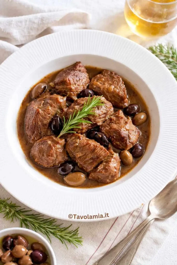 Spezzatino di manzo servito con olive e rosmarino in un piatto fondo bianco.