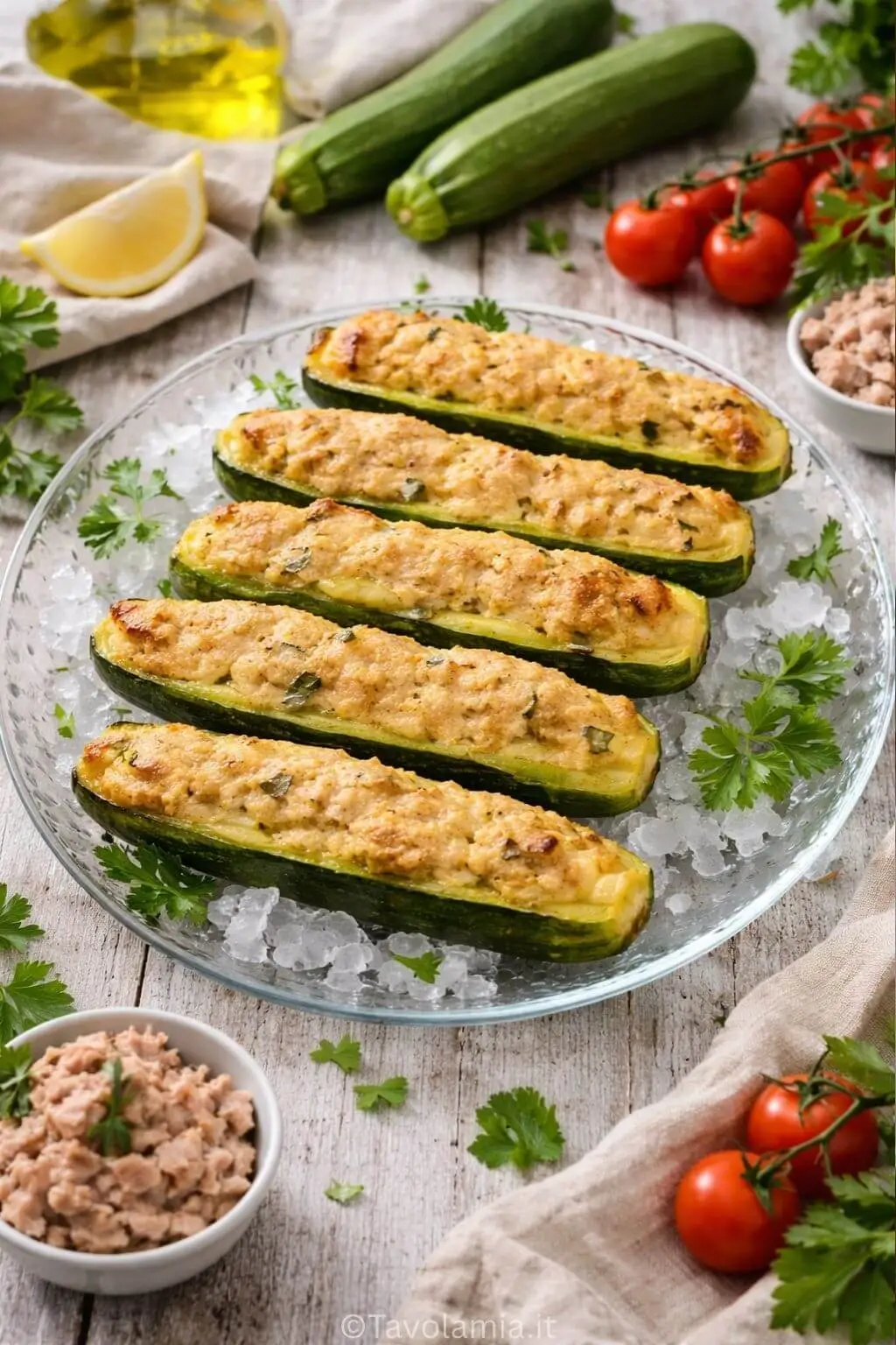 Home 10 Zucchine ripiene tonno cotte al forno e servite con prezzemolo fresco, pomodorini e tonno