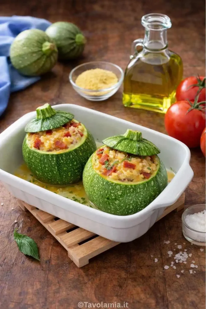 Zucchine tonde ripiene 1 Zucchine tonde ripiene cotte in forno, servite in una pirofila bianca con ripieno dorato e coperchio verde.