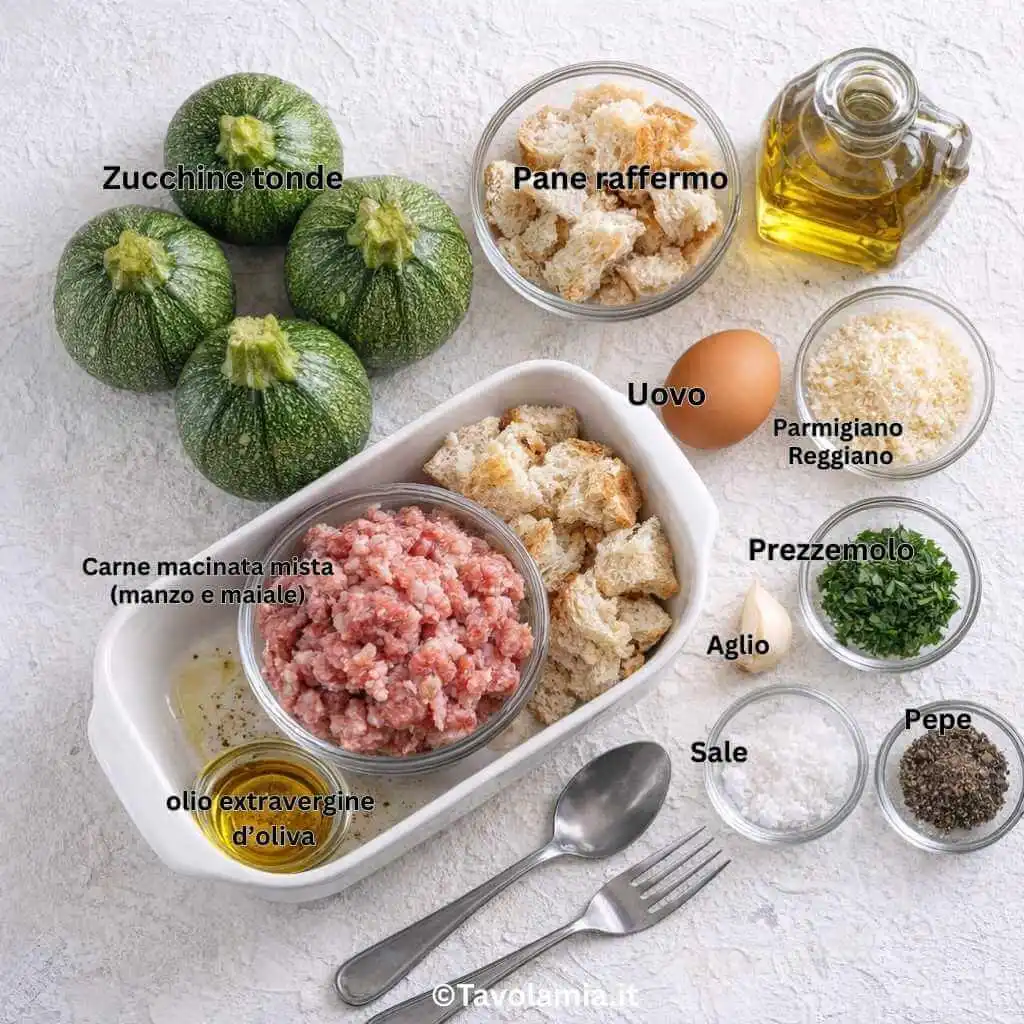 Zucchine tonde ripiene 2 Ingredienti per preparare le zucchine tonde ripiene: zucchine, carne macinata mista, pane raffermo, uovo, parmigiano, prezzemolo, aglio, olio extravergine.