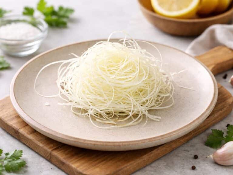 Come lavorare la pasta kataifi - fili sottili di pasta kataifi cruda su piatto pronta da modellare