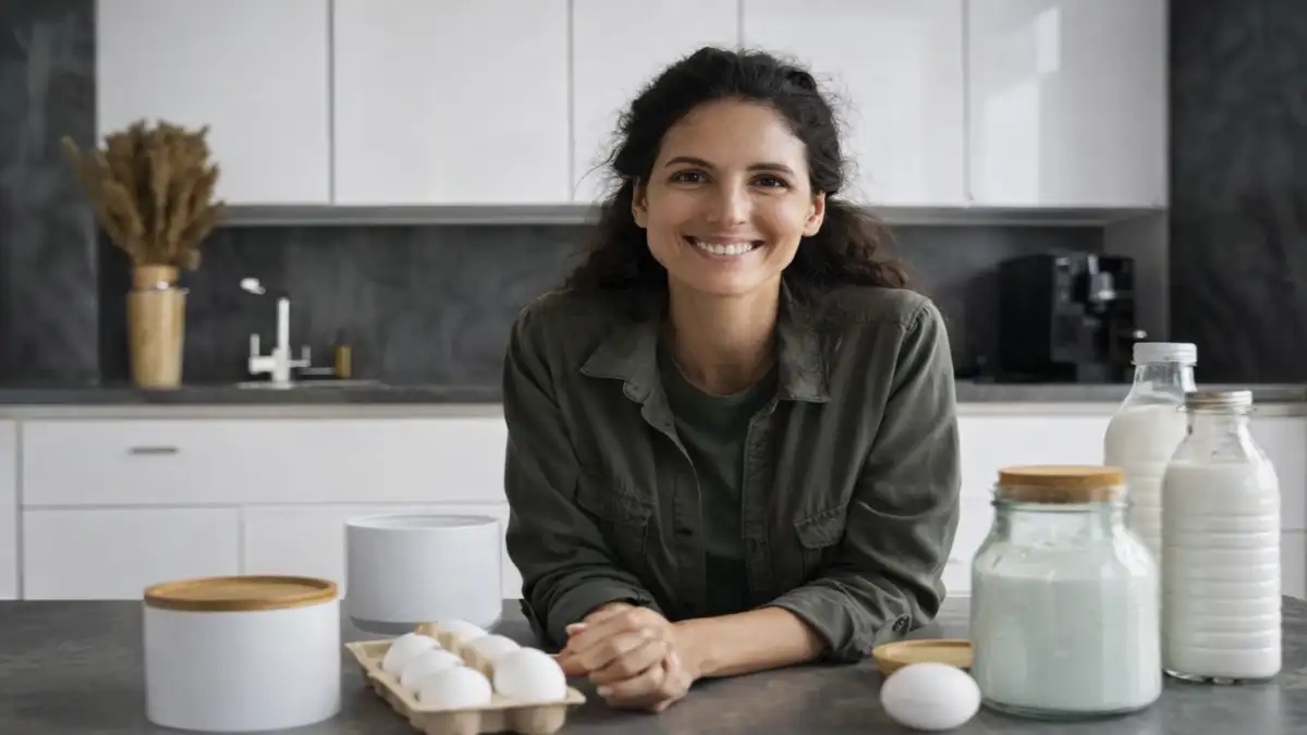 Donna sorridente in cucina con uova e ingredienti sul piano di lavoro