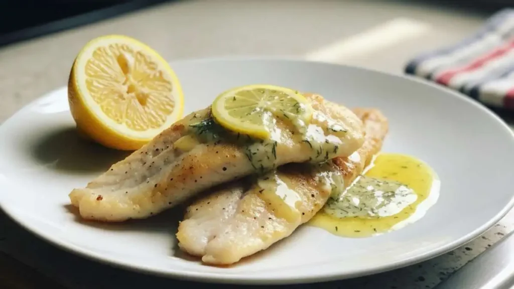 Pesce persico alla mugnaia con burro e limone servito su piatto bianco