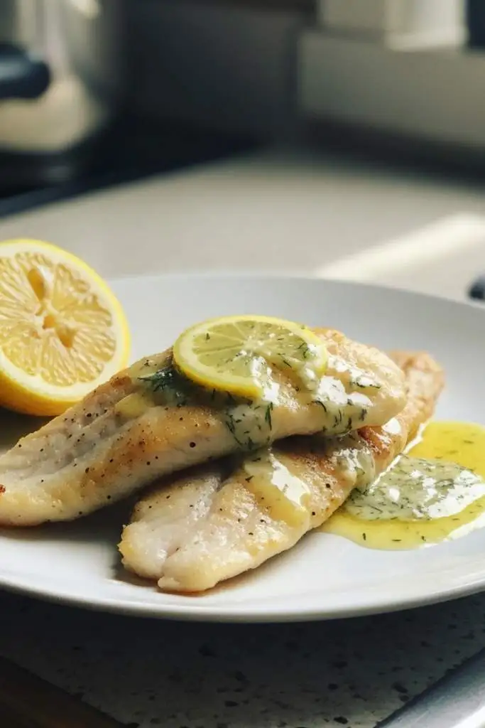 Pesce persico alla mugnaia con salsa al burro, limone e prezzemolo su piatto
