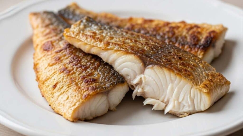 Filetti di pesce persico in padella dorati serviti su piatto bianco