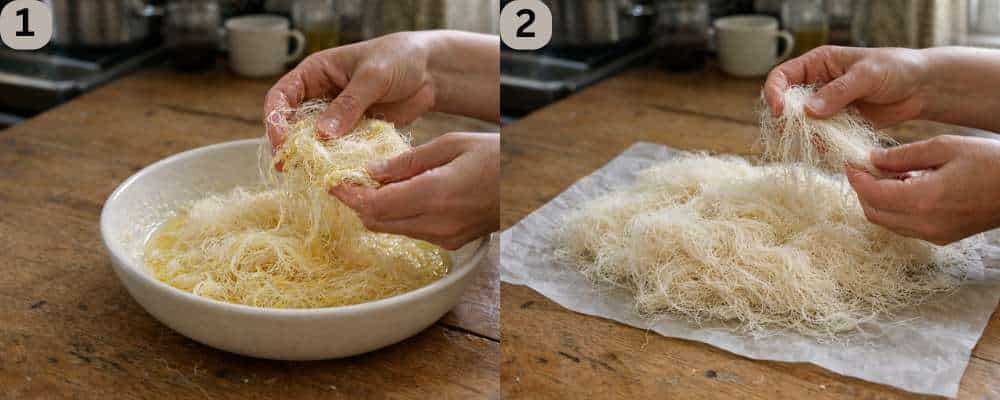 Pasta kataifi separata a mano e condita con burro fuso