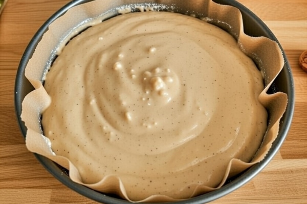 Torta furba al caffè 6 Impasto della torta al caffè versato nello stampo con carta forno