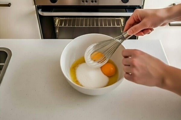 Torta furba al caffè 3 Uova e zucchero mescolati in una ciotola per una torta al caffè fatta in casa